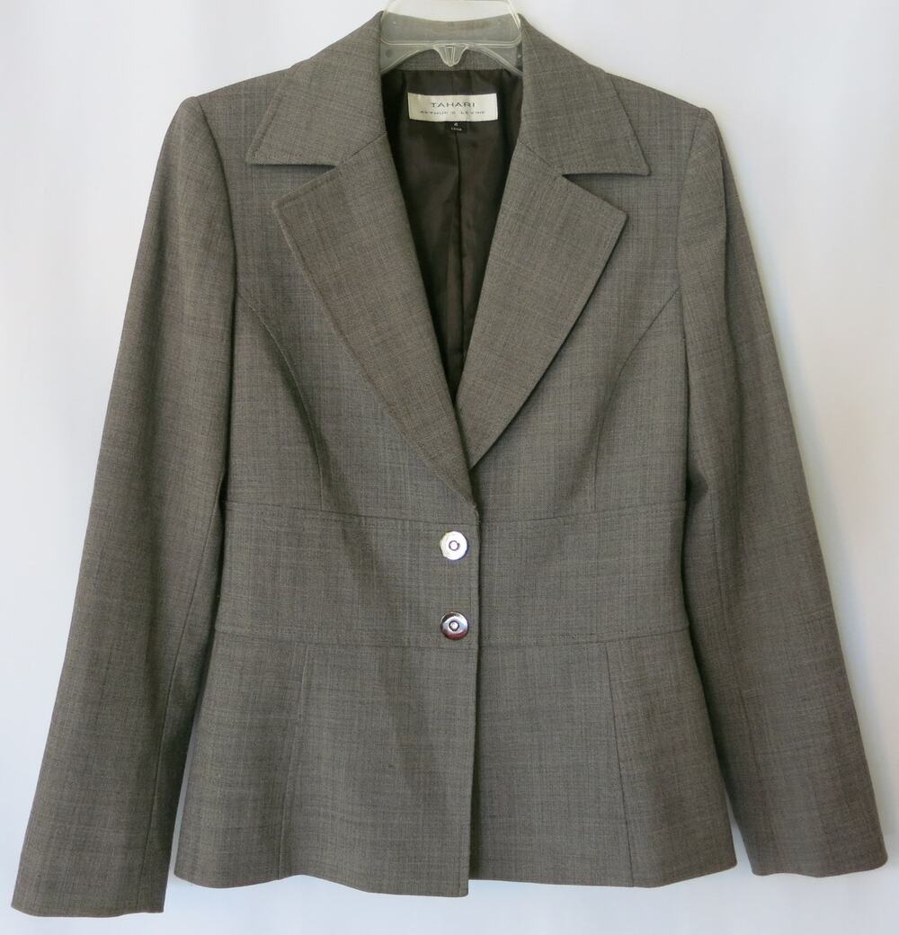 TAHARI Arthur Levine Wool Blend Jacket Blazer Size 4 Women Brown Gray Office